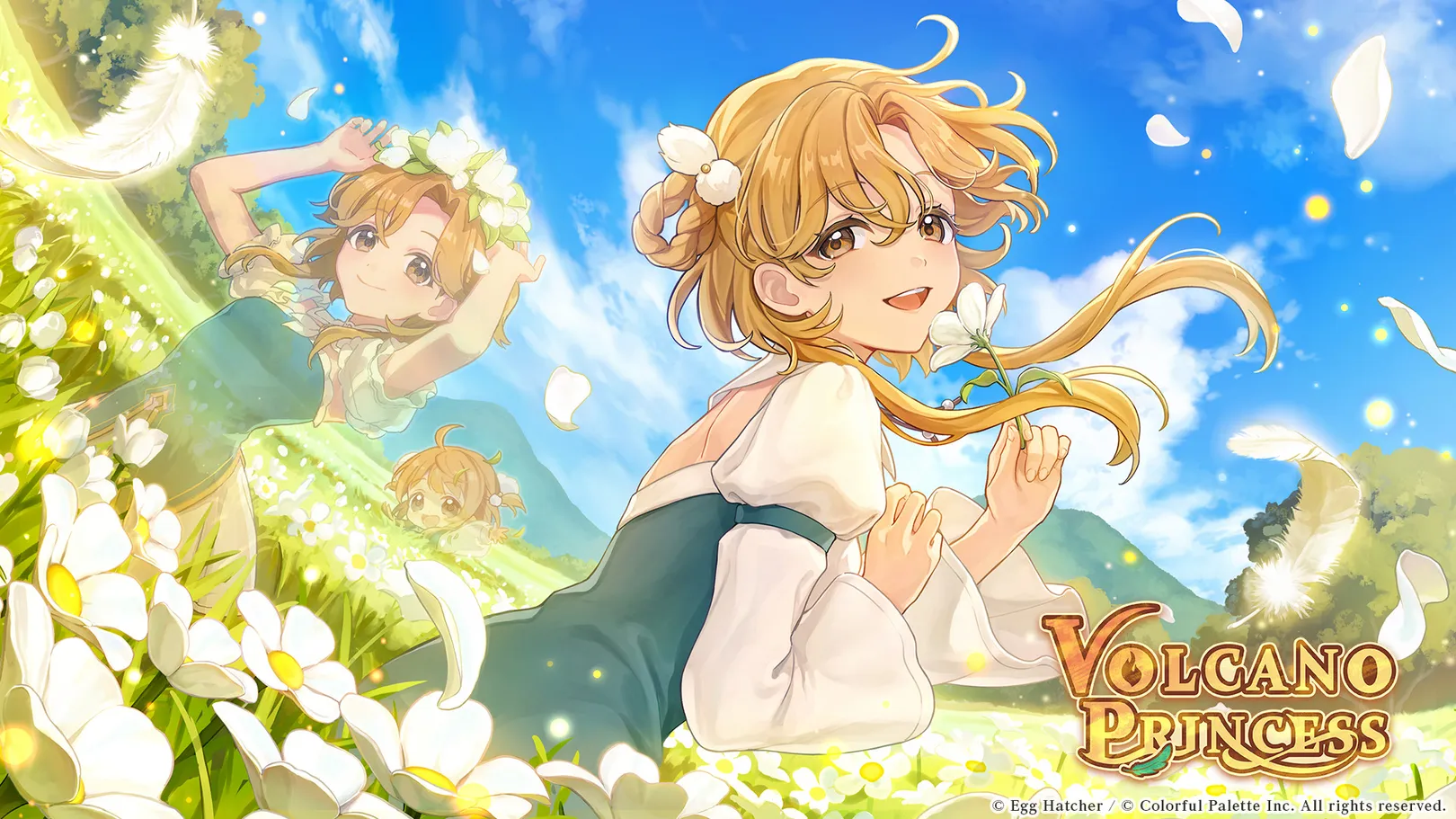 The daughter standing in a field of white flowers under a bright sky, holding a blossom, with her younger self behind her.
